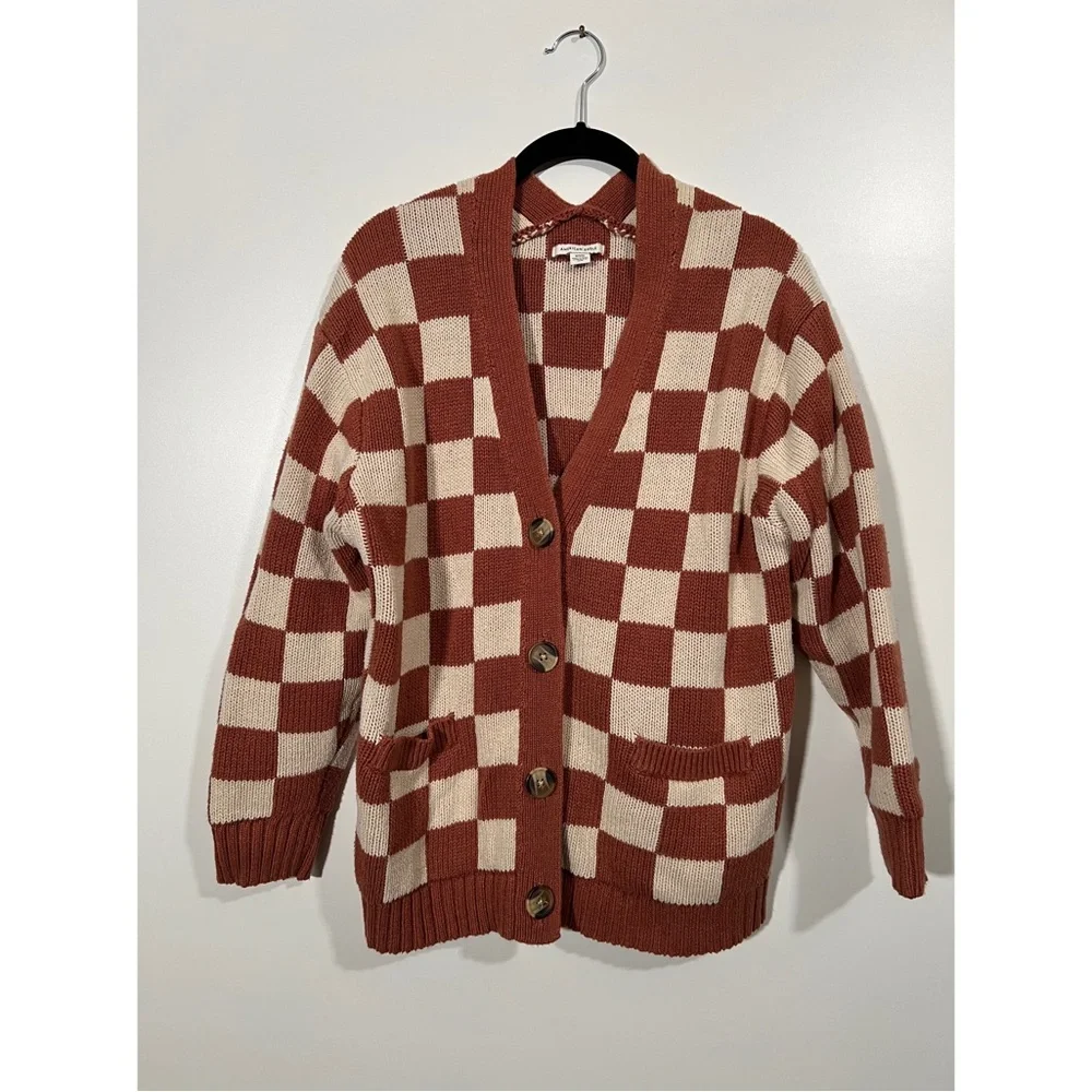 AE Checker Cardigan in Burnt Orange and Cream Size Medium Cotton Blend - Picture 3 of 10